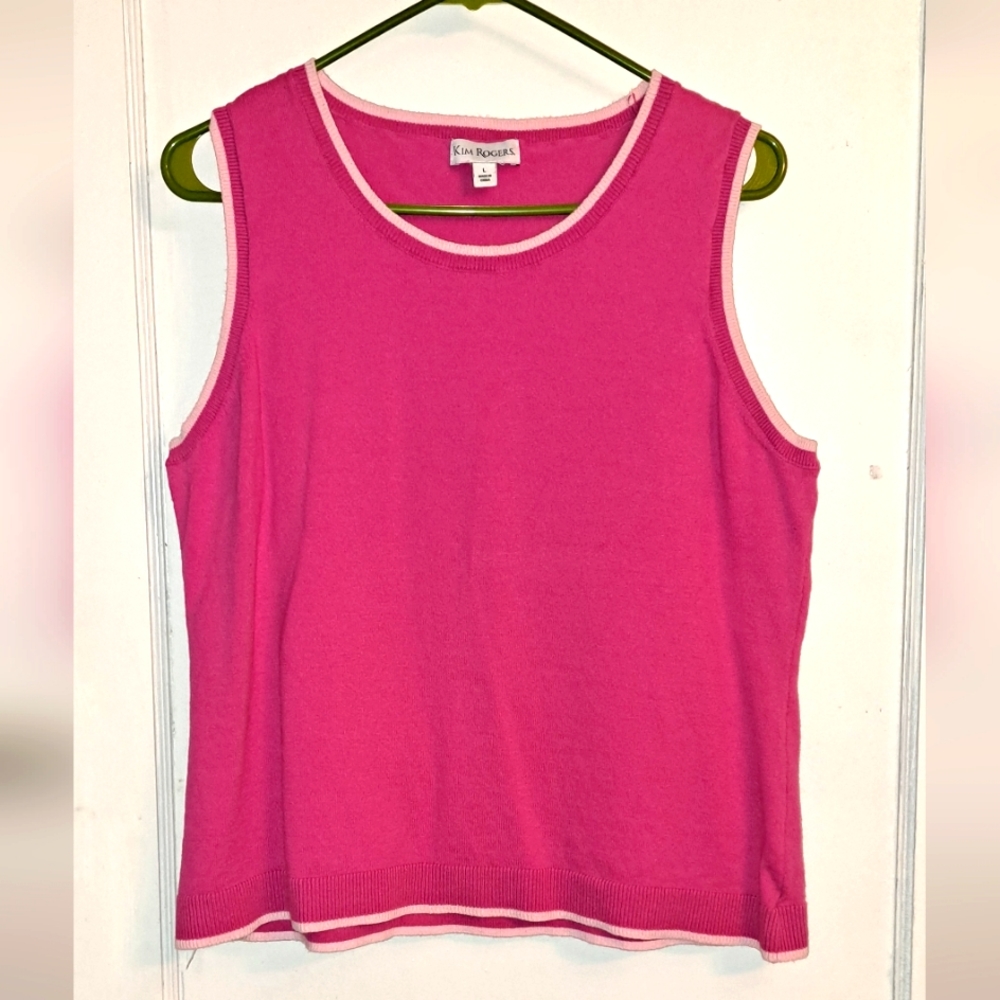Kim Rogers pink sweater vest with white trim preppy classic spring feminine soft